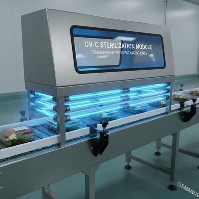 Μοντούλη αποστείρωσης UV-C για διαφανείς γραμμές συσκευασίας τροφίμων, τοποθετημένη σε μεταφορέα