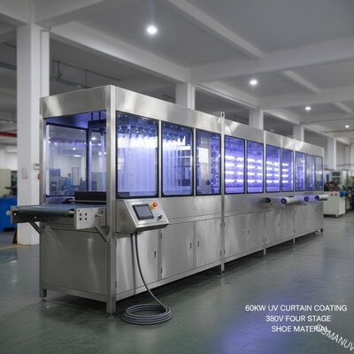 60KW UV τεσσάρων σταδίων μεταβίβαση μηχανών 380V επιστρώματος κουρτινών για το υλικό παπουτσιών